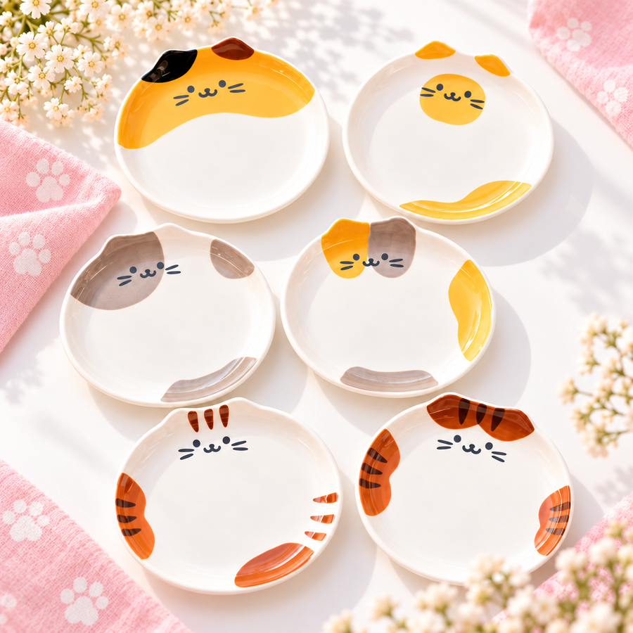 Cute ceramic cat plate collection in six hand-painted styles