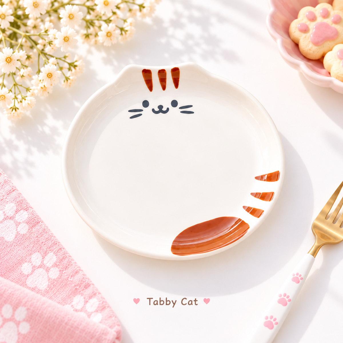 Tabby Cat ceramic plate in a pastel tabletop setting