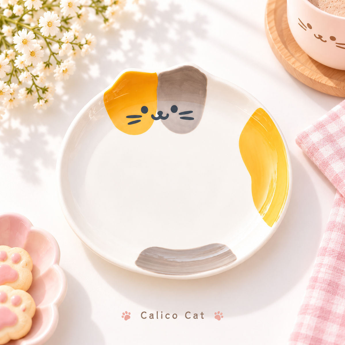 Calico Cat ceramic plate in a pastel tabletop setting
