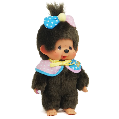Monchhichi 45th Anniversary plush three-quarter view with polka dot cape