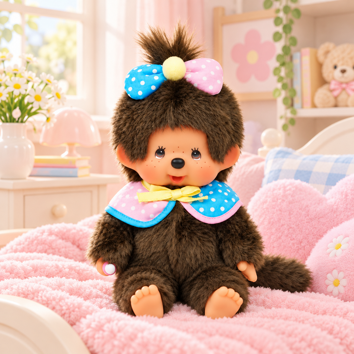 Monchhichi 45th Anniversary plush sitting in a pastel bedroom