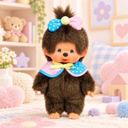 Monchhichi 45th Anniversary Limited Cape plush standing in a pastel room