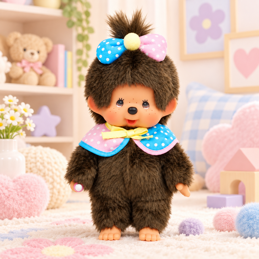 Monchhichi 45th Anniversary Limited Cape plush standing in a pastel room