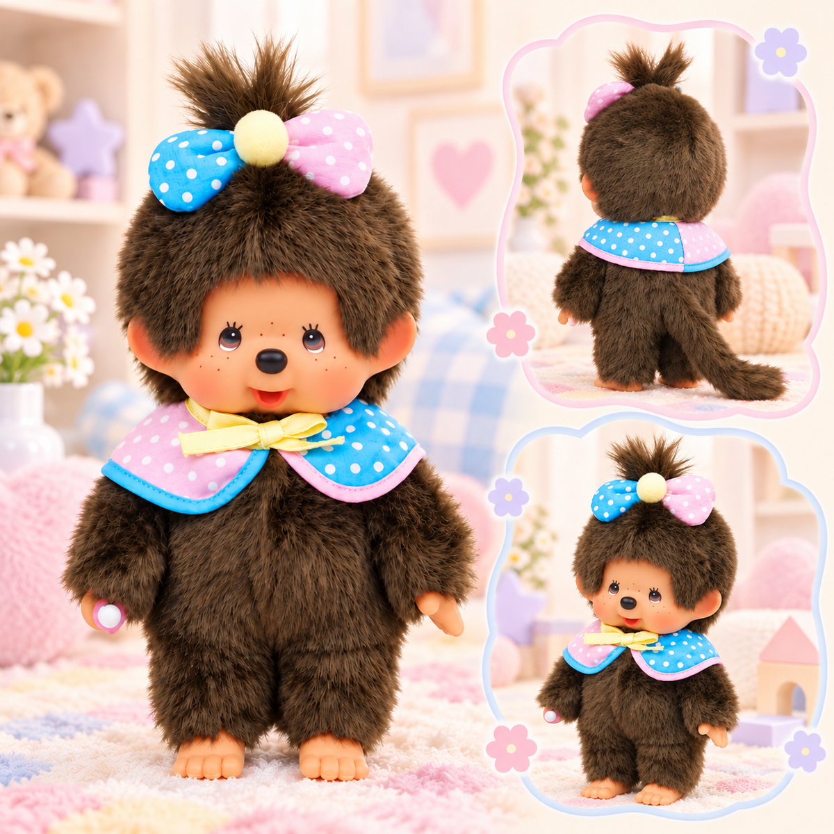 Monchhichi 45th Anniversary Limited Cape plush shown from front and back