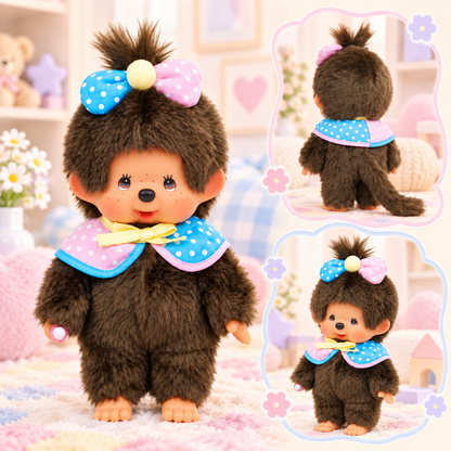 Monchhichi 45th Anniversary Limited Cape plush shown from front and back