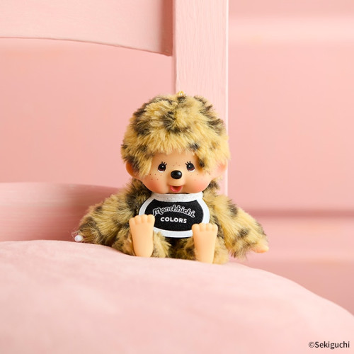 Monchhichi COLORS leopard print plush keychain with product packaging