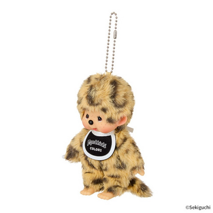 Monchhichi COLORS leopard print keychain showing plush outfit details