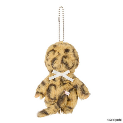 Monchhichi leopard print keychain shown from another angle