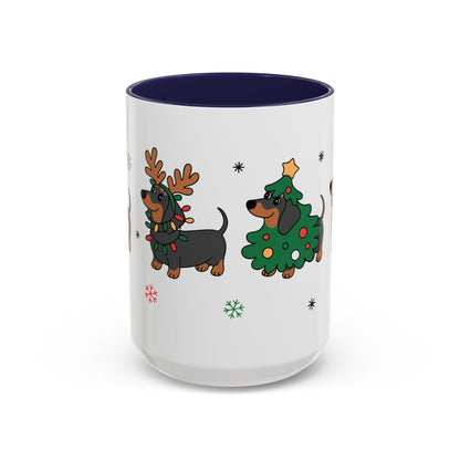 White mug with Christmas-themed dachshunds on a white background