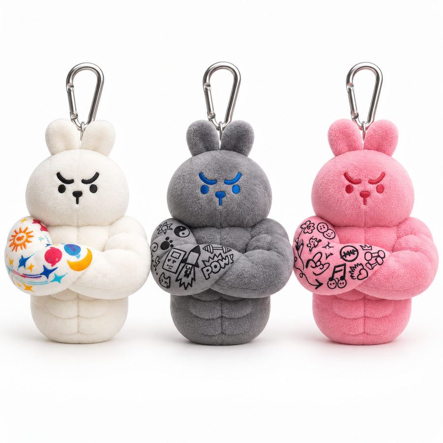 Muscle Rabbit Coach plush bag charms in white, grey and pink