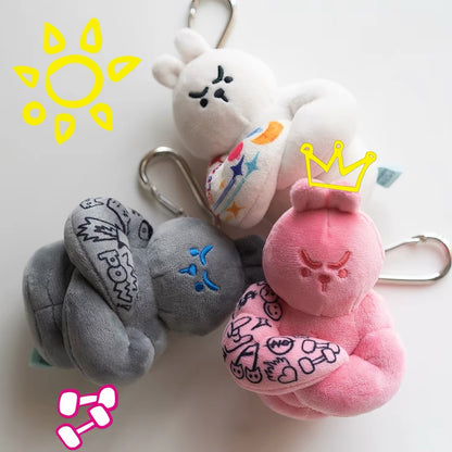 Three Muscle Rabbit Coach plush bag charms with clips shown together in white, grey and pink