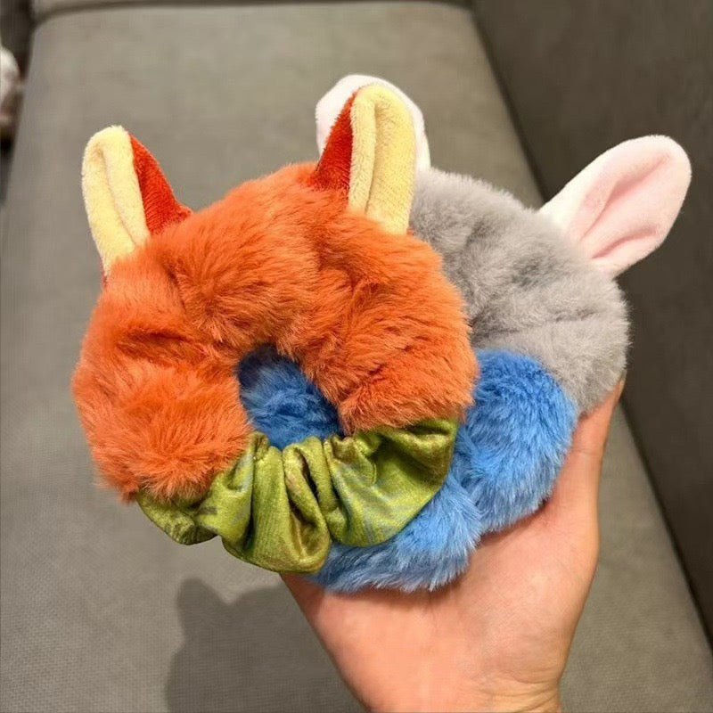 Nick & Judy's Cozy Critter Scrunchie Set - Zootopia-Inspired Fluffy Ears Hair Tie Furever Adorable