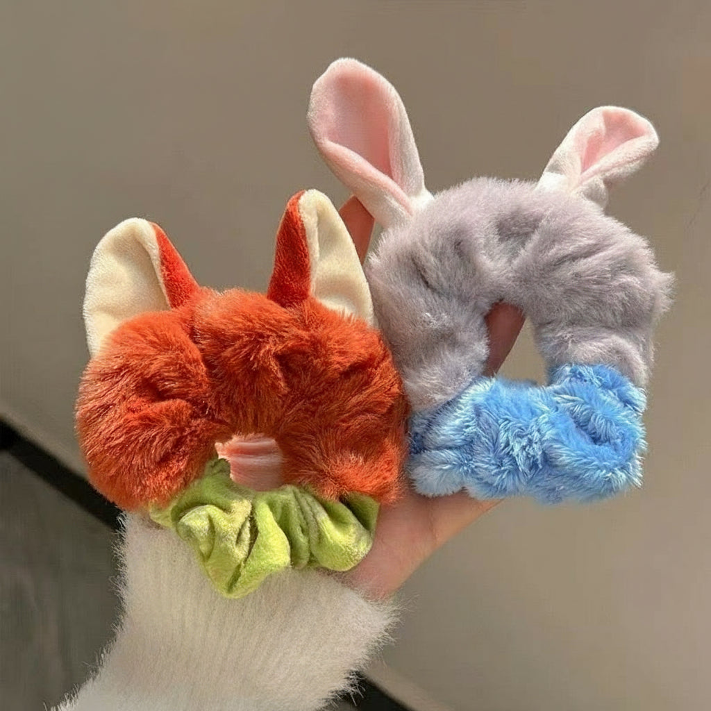 Nick & Judy's Cozy Critter Scrunchie Set - Zootopia-Inspired Fluffy Ears Hair Tie Furever Adorable
