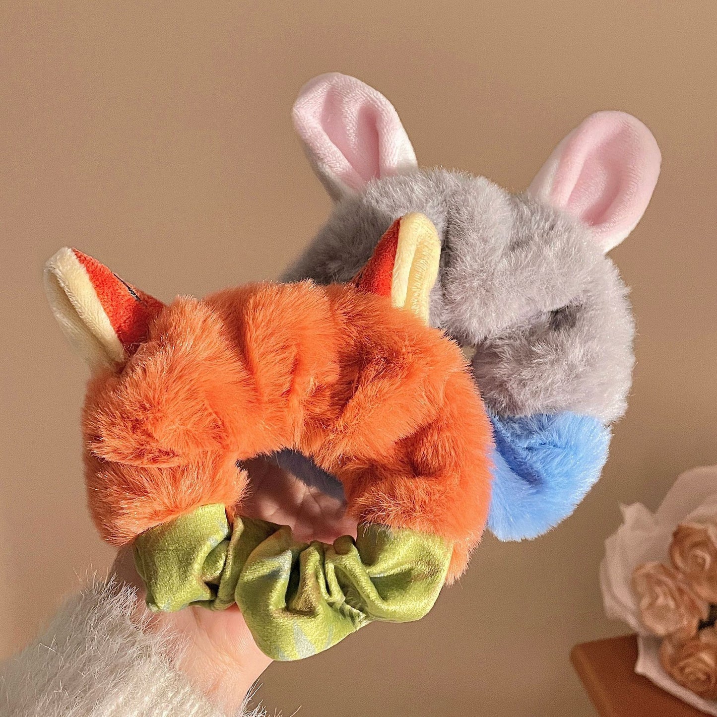 Nick & Judy's Cozy Critter Scrunchie Set - Zootopia-Inspired Fluffy Ears Hair Tie Furever Adorable
