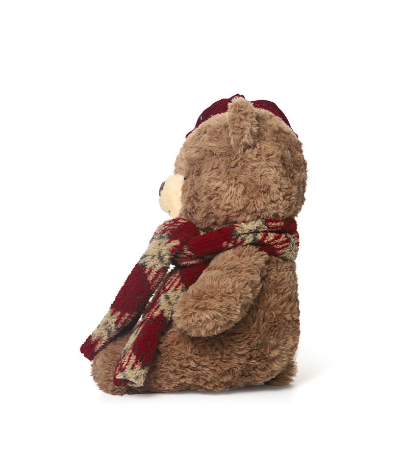 Plush teddy bear with a red scarf on a white background