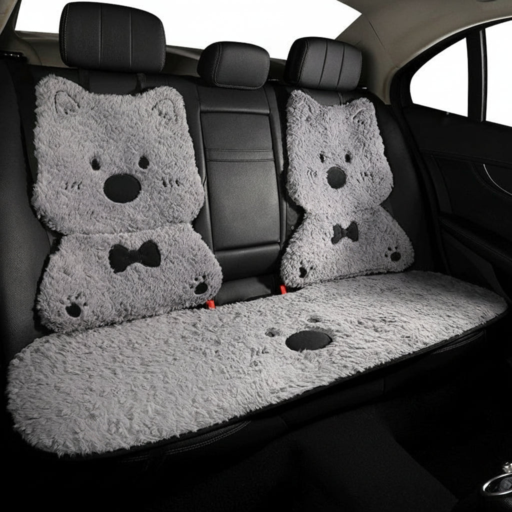 Car seat covers with dog designs in a car interior