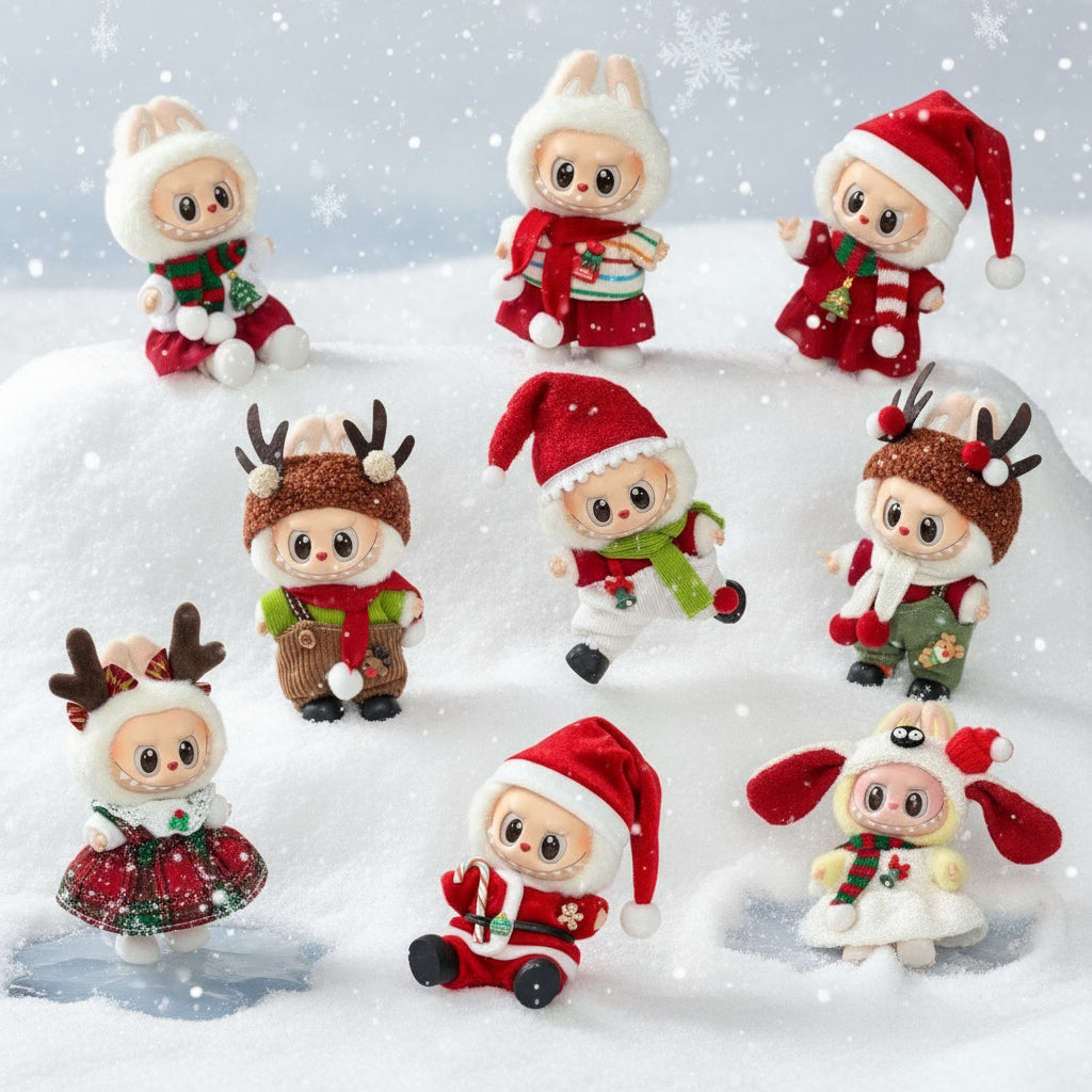 Collection of Christmas-themed plush toys on a gray background