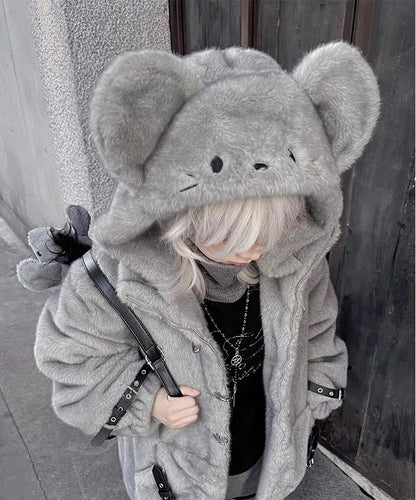 Grey plush mouse hooded coat with oversized round ears and embroidered face