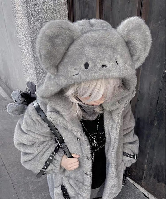 Grey plush mouse hooded coat with oversized round ears and embroidered face