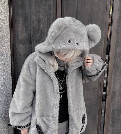 Close view of grey plush mouse hooded coat with front pockets and strap details