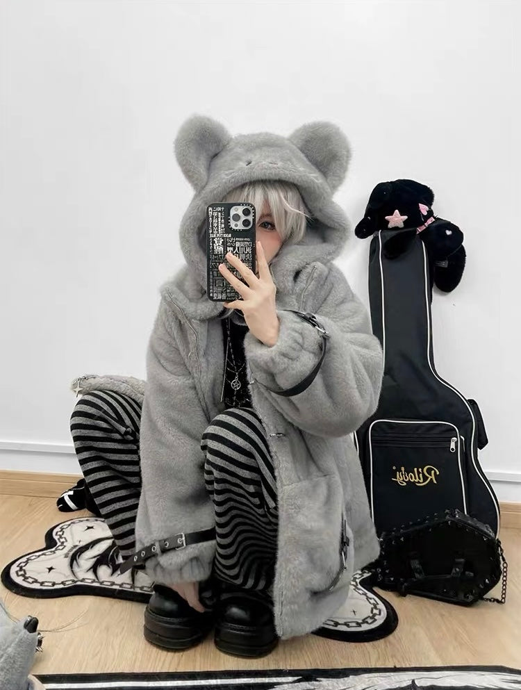 Grey oversized plush mouse hooded coat styled with striped leggings