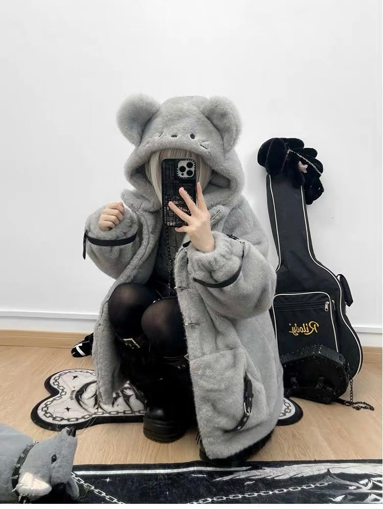 Grey plush mouse hooded coat worn with hood up showing oversized ears