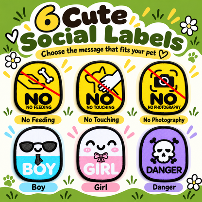 Pet social label patch styles including no feeding, no touching, no photography, boy, girl and danger