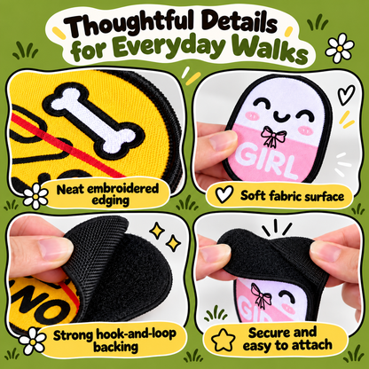 Close-up details of pet social label patches and hook-and-loop backing