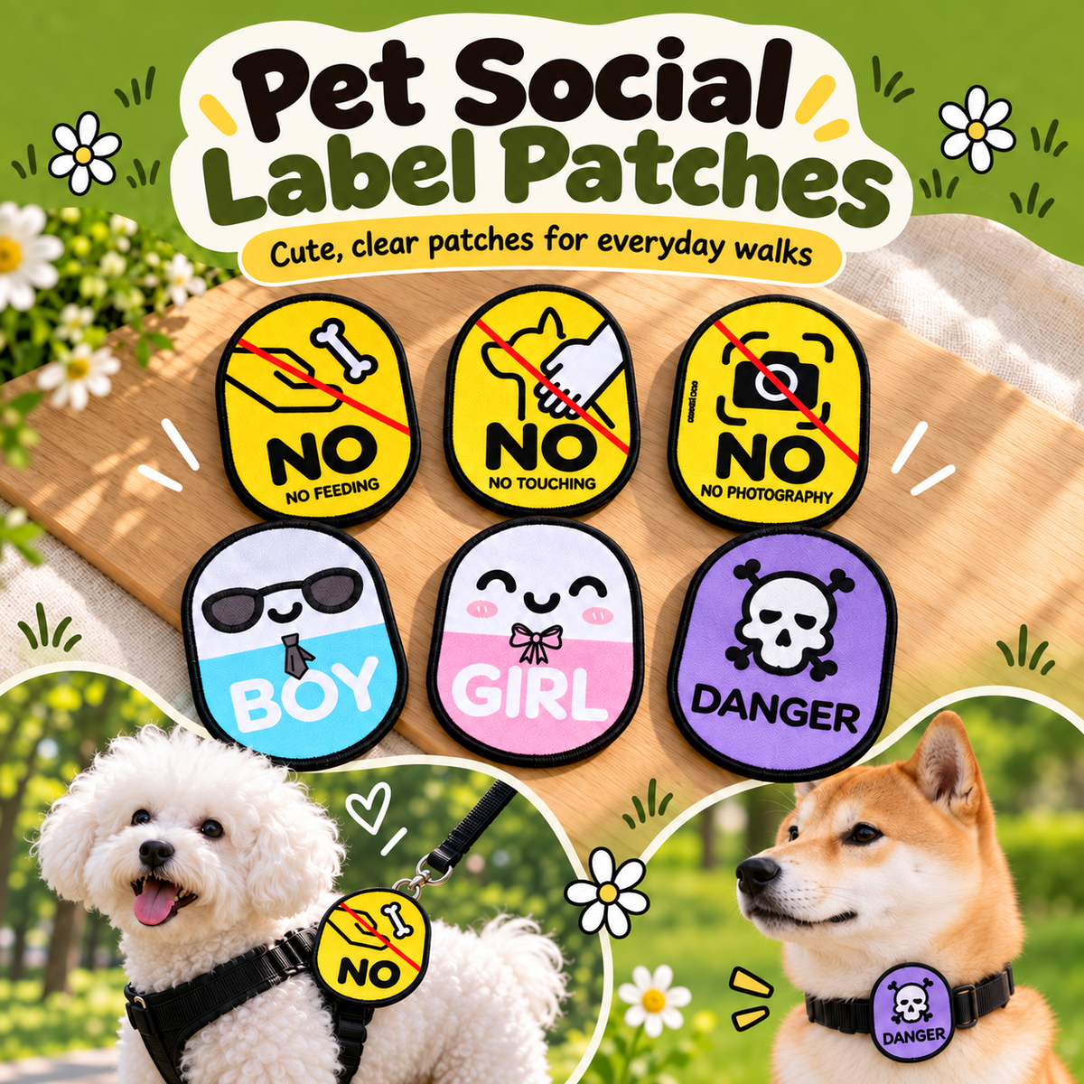 Pet social label patches shown with dogs and all available styles
