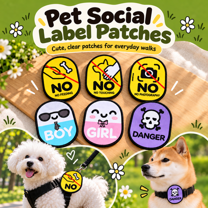 Pet social label patches shown with dogs and all available styles