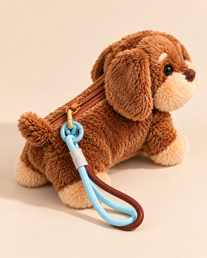 Rear view of brown plush dachshund pouch showing zipper and hanging straps