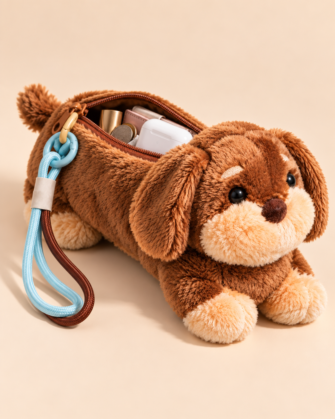 Open brown plush dachshund pouch holding earbuds and small accessories