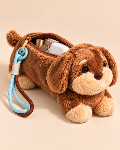 Open brown plush dachshund pouch holding earbuds and small accessories