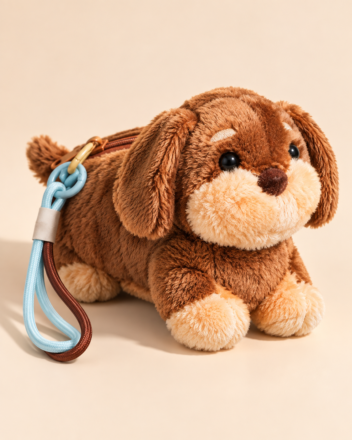 Brown plush dachshund mini zipper pouch with hanging loop