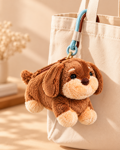 Brown plush dachshund pouch attached to a cream canvas tote bag