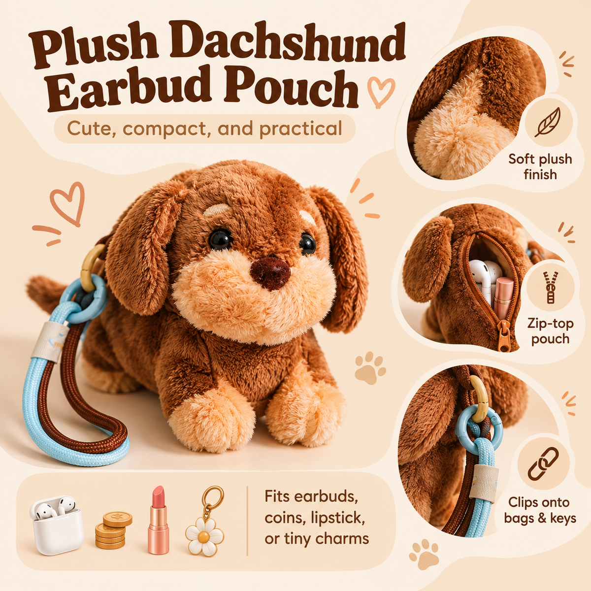 Feature guide for plush dachshund earbud pouch with zipper and hanging attachment