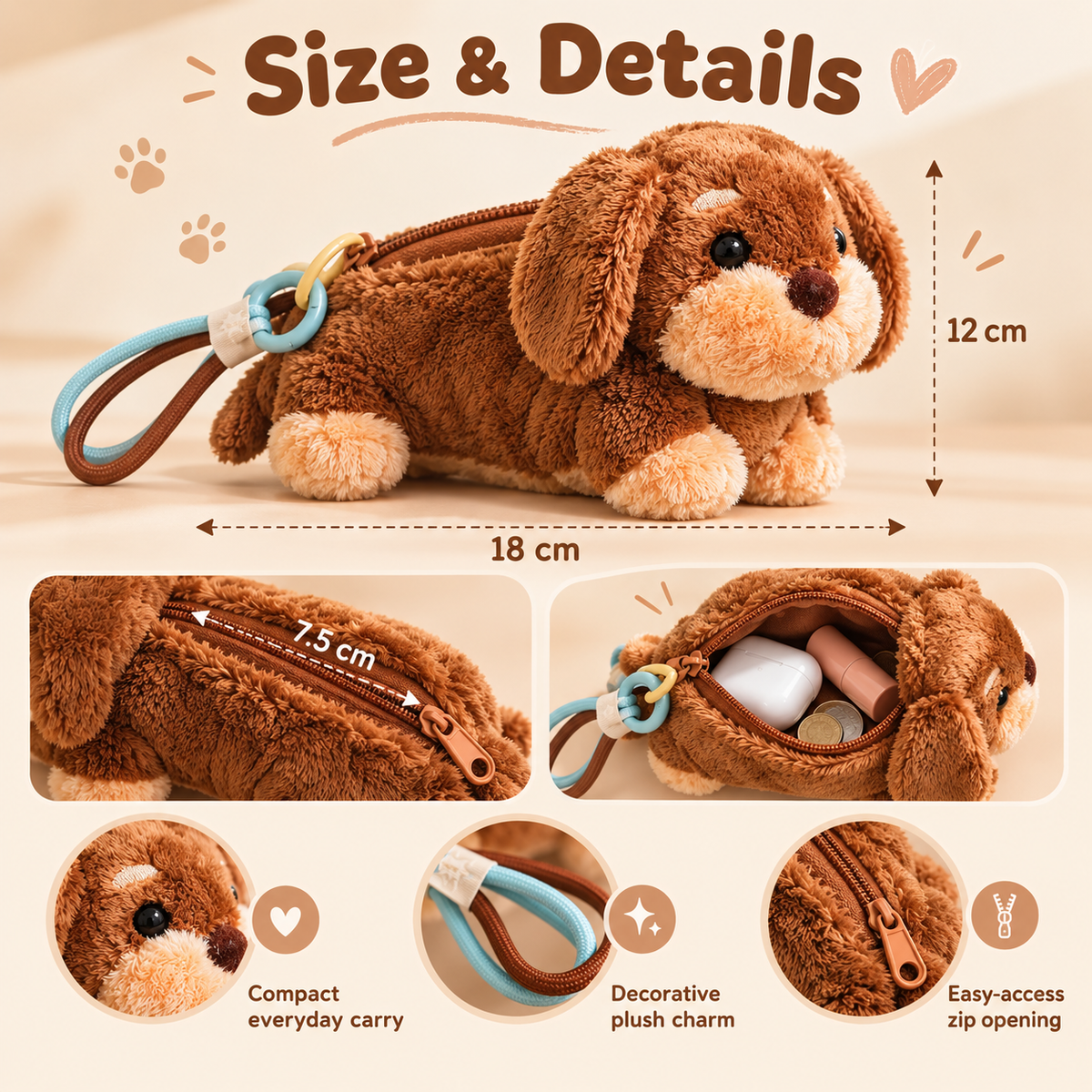 Size guide for plush dachshund pouch measuring approximately 18 by 12 cm with 7.5 cm zipper opening