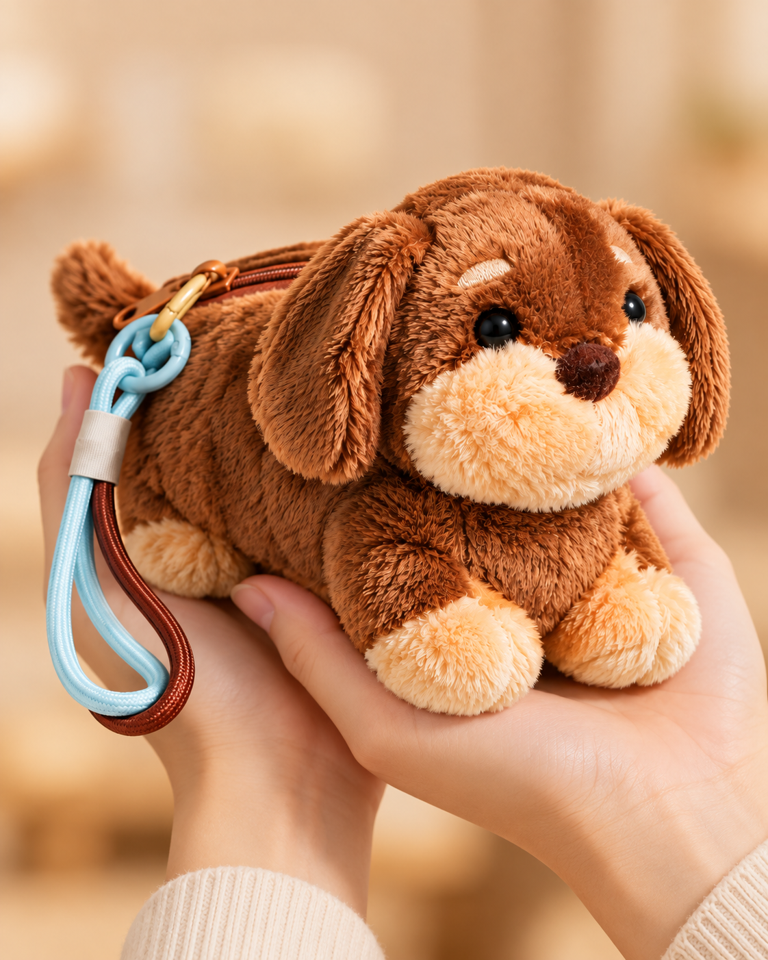 Brown plush dachshund mini pouch shown held in two hands