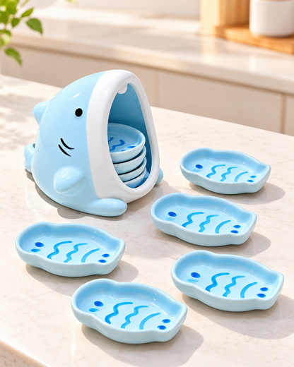 Blue shark ceramic dipping dish set with stackable fish dishes