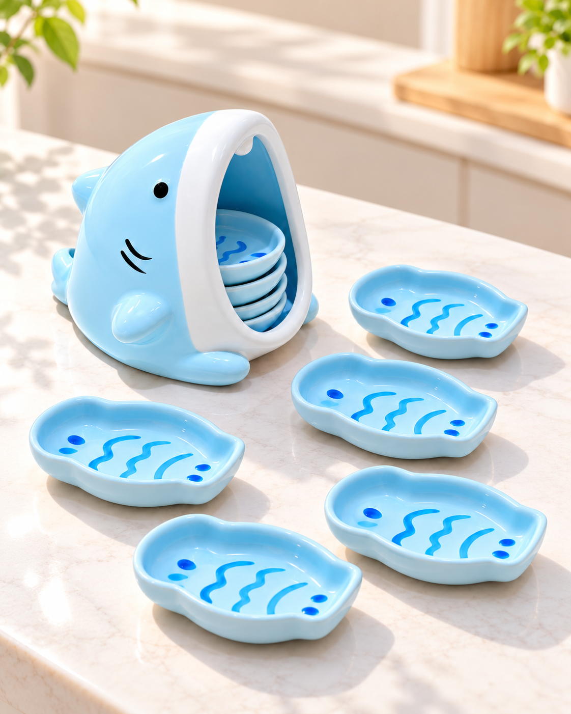 Cute blue shark dipping bowl set styled on a bright kitchen counter
