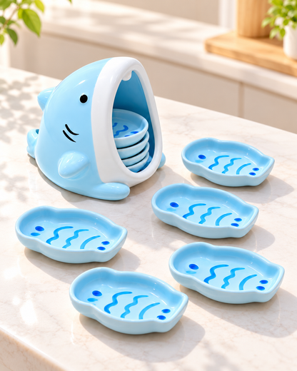 Cute blue shark dipping bowl set styled on a bright kitchen counter