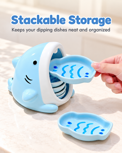 Shark holder storing stackable ceramic fish dishes