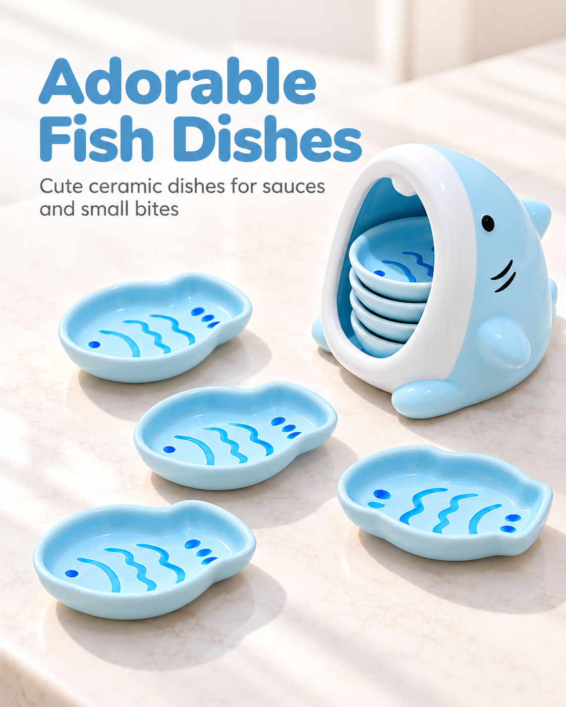 Blue ceramic fish-shaped dipping dishes beside the shark holder