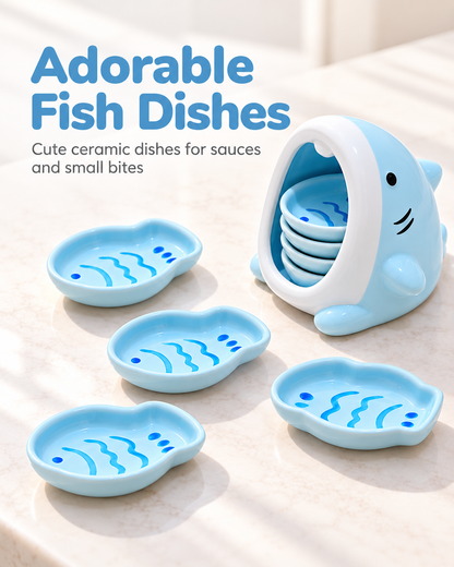 Blue ceramic fish-shaped dipping dishes beside the shark holder