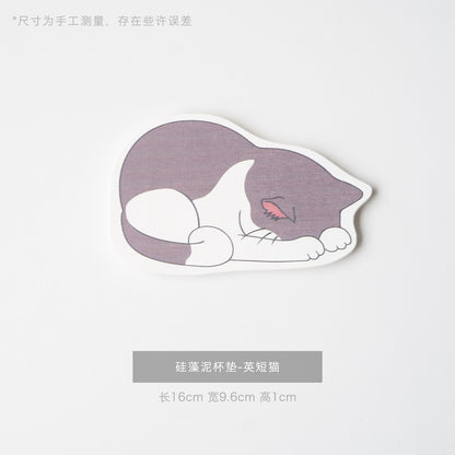 Sleepy Cat Furever Coaster – Diatomaceous Earth Absorbent Pad 🐱☕ Furever Adorable