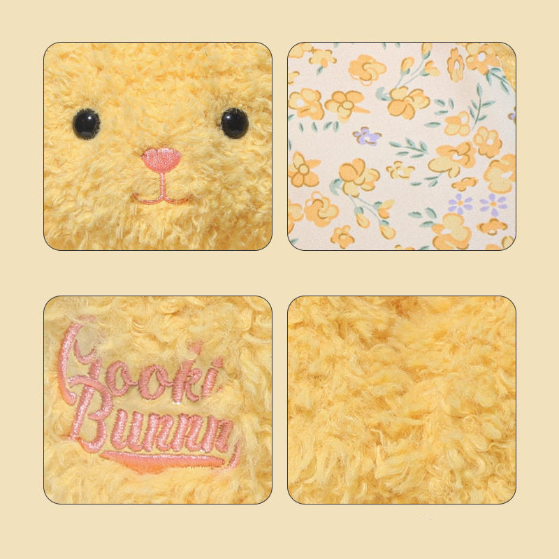 Product details of a plush toy with close-up shots on a beige background