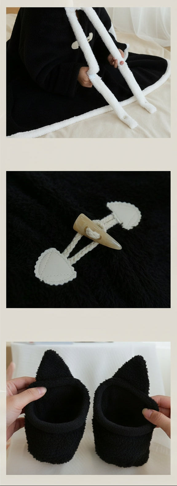 Product images with close-up details of a white plush toy and black bow.