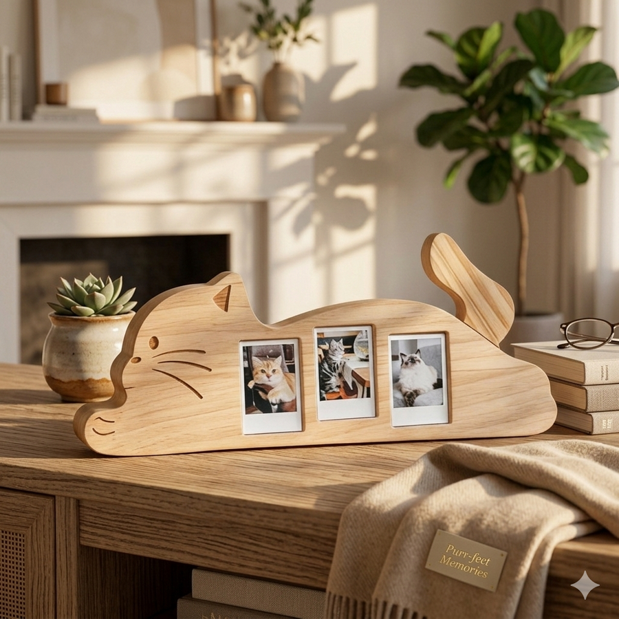 Solid Wood Cat-Shaped Multi-Photo Frame Aesthetic Pet Memorial & Desktop Display product photo 1