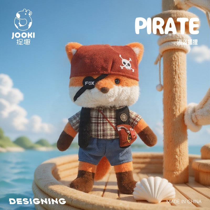 Toy fox pirate on a wooden ship with ocean and sky background
