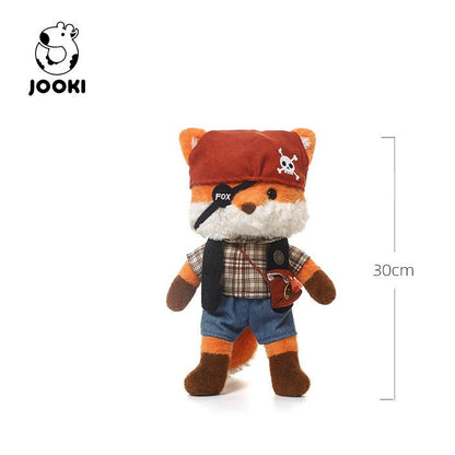 Stuffed toy fox with pirate hat and plaid shirt on a white background, featuring the JOOKI brand.